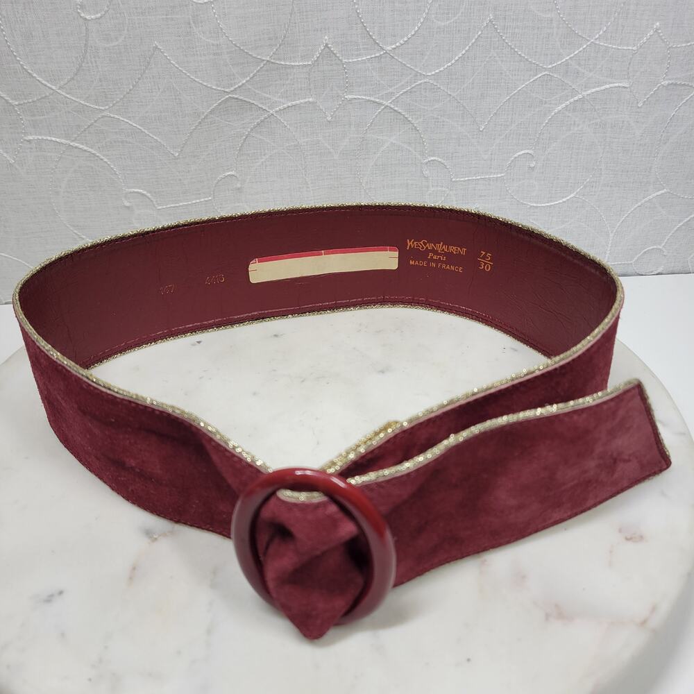 VTG Yves Saint Laurent Suede Belt 75/30 Burgundy Red Bakelite Buckle Gold Trim
